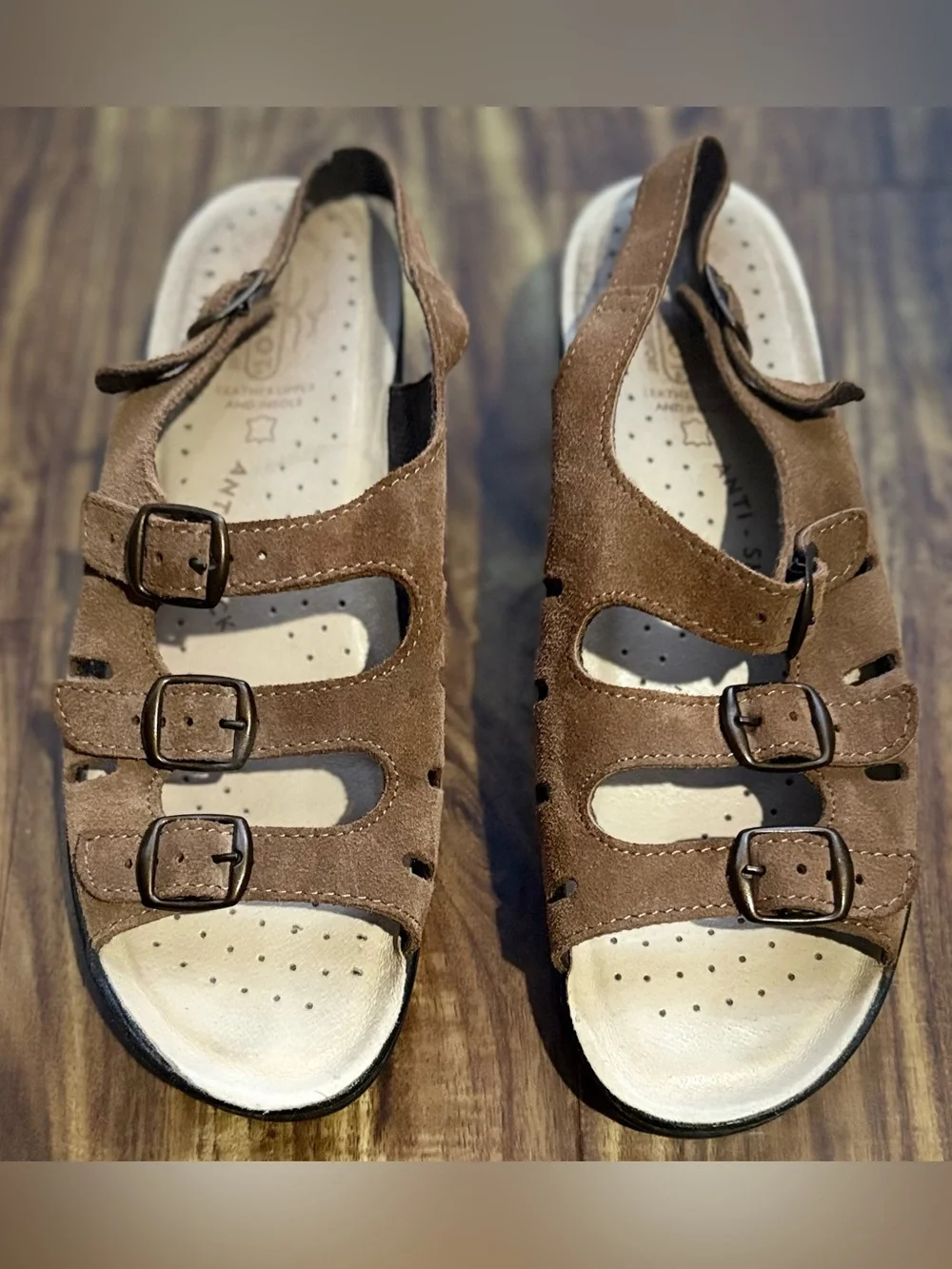 Brown suede leather comfort sandals, Fly Flot slingback,buckle straps size 41/10